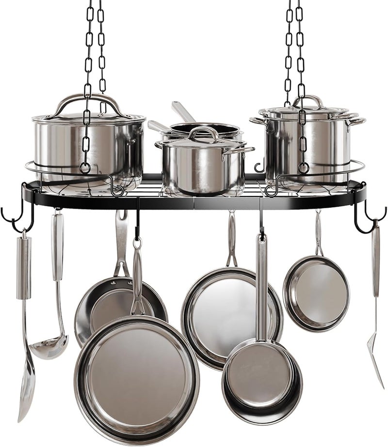 TICKCACY 24.4” Metal Pot Rack Hanging, Oval Pan Rack Hanging with Hooks, Heavy Duty Ceiling Pot Rack with Grid, Pot and Pan Hangers for Kitchen Cookware Utensils Toiletries, Easy Assembly, Black - Image 1